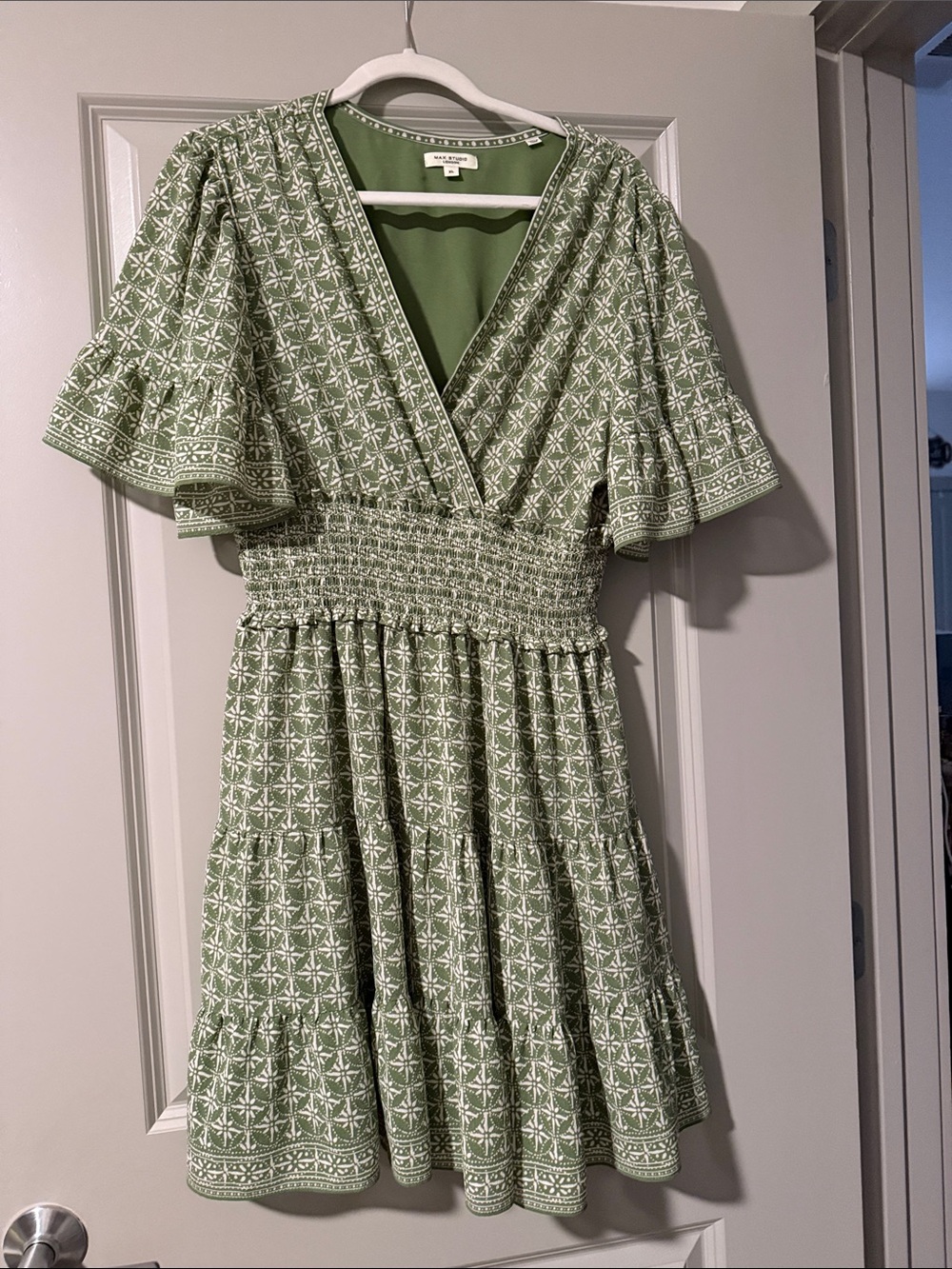 Max Studio Olive Green Printed Smocked-Waist Midi Dress